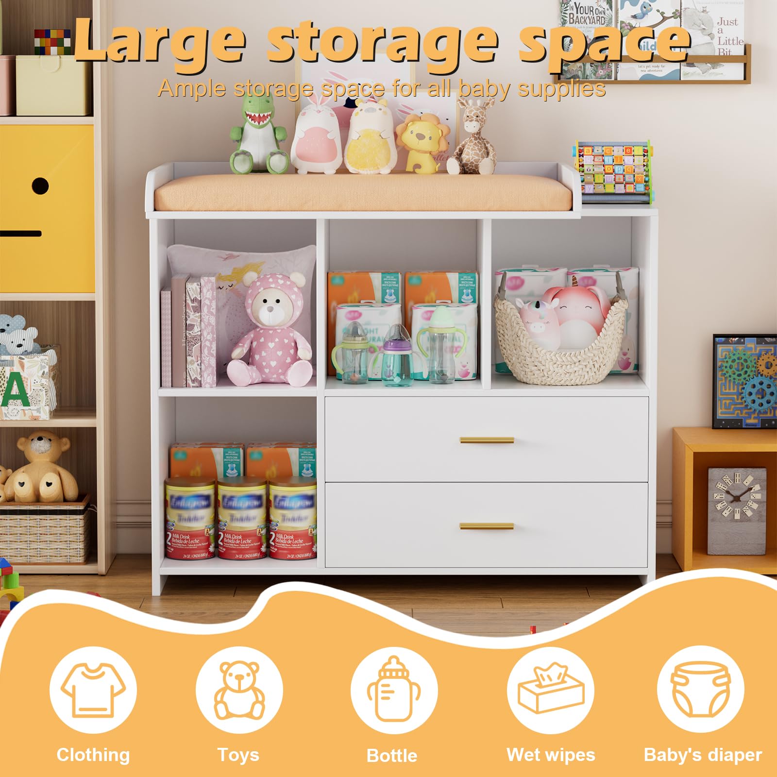 MSFE Cambiador bebe 2 en 1 Mueble Cambiador Bebe, Cómoda con Desmontable Comoda Cambiador, 2 Cajones y 3 Compartimentos, Cajonera de 94.7x40x81.2cm, Blanco