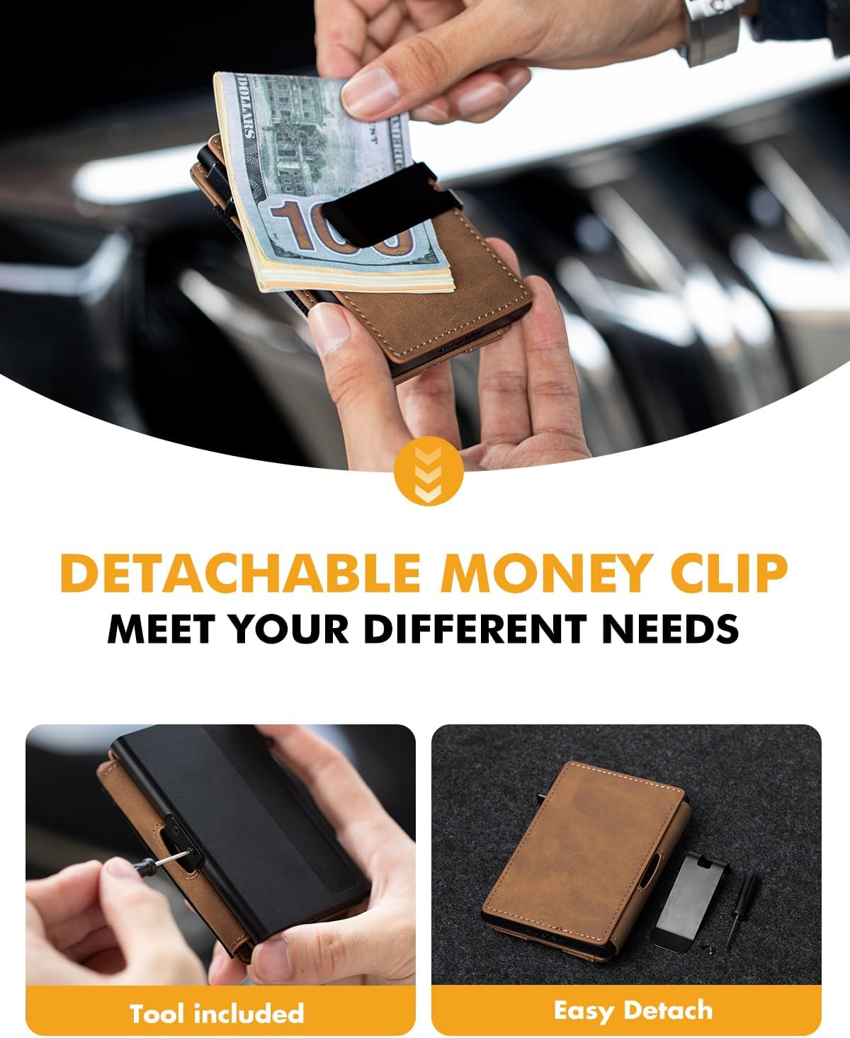 IW Wallet with Airtag Holder for Men: Pop Up Bifold Wallet with Detachable Money Clip ID Window for Air Tag(1st & 2nd Generation) - RFID Blocking for Card Cash - Valentine's Day Gift(Light Brown) - Image 5