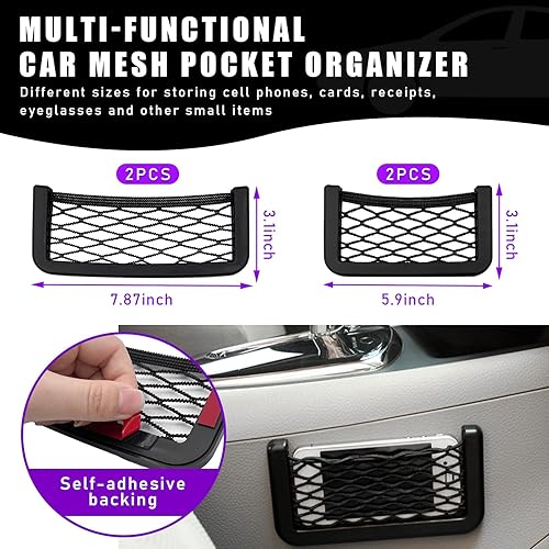 Miniatura 10 de 2 unidades de red para teléfono de bolsillo para automóvil, bolsa de red de almacenamiento lateral universal para asiento con cinta de doble cara,