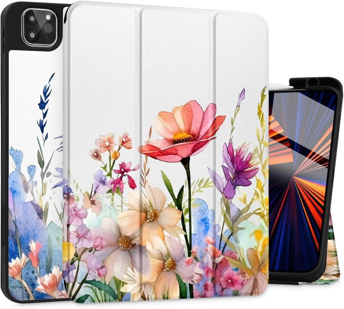 Tuiklol for iPad Pro 13 inch 2025 2024 Release M5/M4 Chip - Built in Pencil Holder Ultra Retina Slim Protective Stand Back Cover with Smart Trifold Stand Auto Wake/Sleep, Colorful folwer