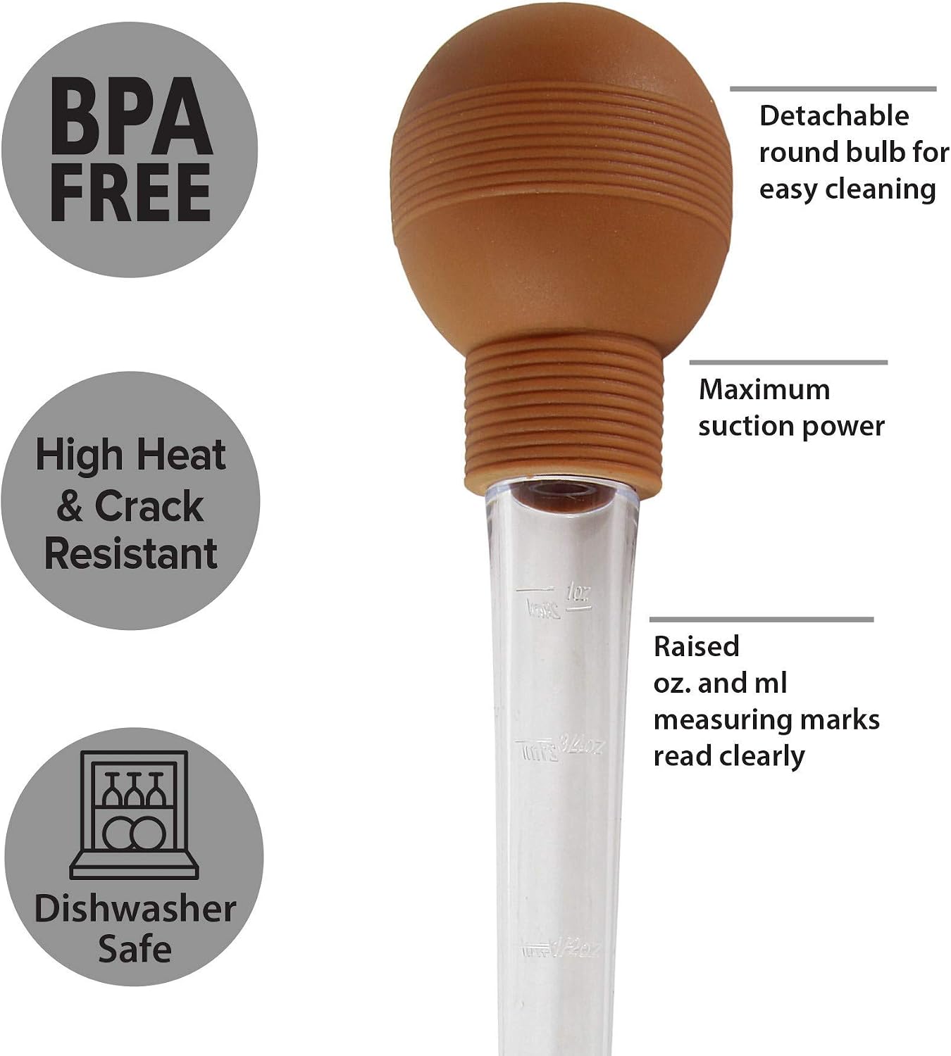 Chef Select Baster with Cleaning Brush, 12", Large Silicone Bulb, Tan, Clear Tube, BPA Free
