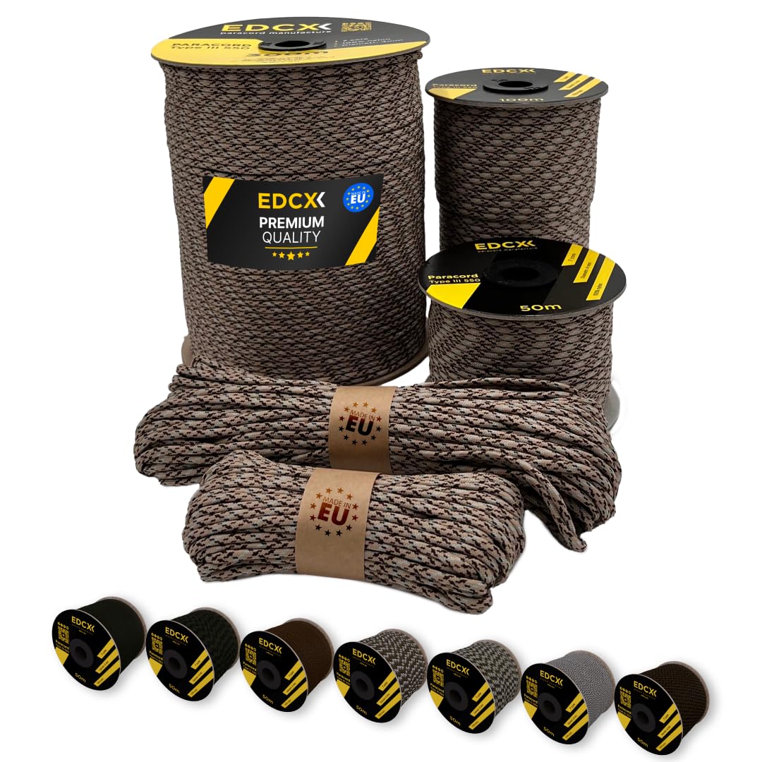 Paracord 4mm, 20+ Colori Militari (15m, 30m, 50m, 100m, 300m) | Ideale per Campeggio, Sopravvivenza, attività all'aperto | Corda 100% Nylon 4 mm | Corda Tattica 550 Tipo III