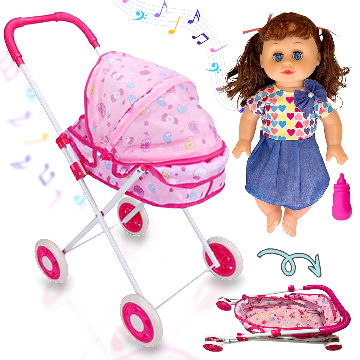 Pretend Play Stroller Push Chair Carriage with Doll, Pacifier Doll for  Toddlers and Kids Baby Foldable Portable Doll Stroller Set, Cute Posable  Baby