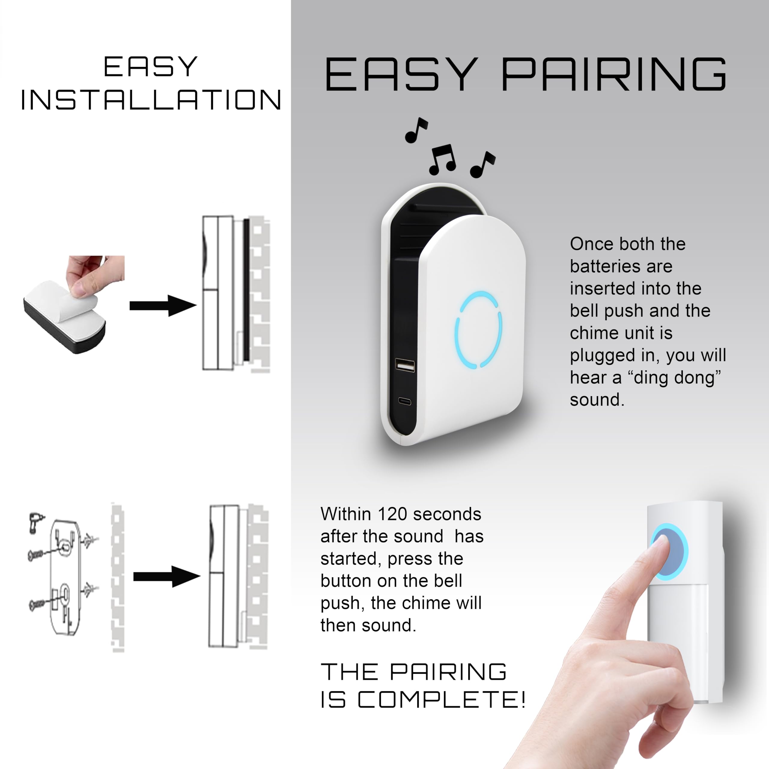 Uni-Com Campanello wireless plug-in con caricatore USB-A e USB-C integrato, portata di funzionamento 200 m, 30 diversi suonerie, allarme campanello a LED, facile da installare