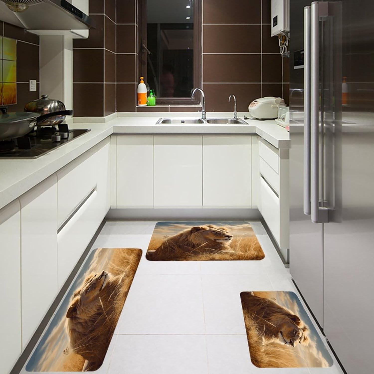 Prairie Lion Kitchen Rugs Sets of 3 Non Slip Kitchen Mats for Floor Farmhouse Kitchen Sink Mat Thick Comfort Standing Mat for Laundry Room Hallway Bathroom
