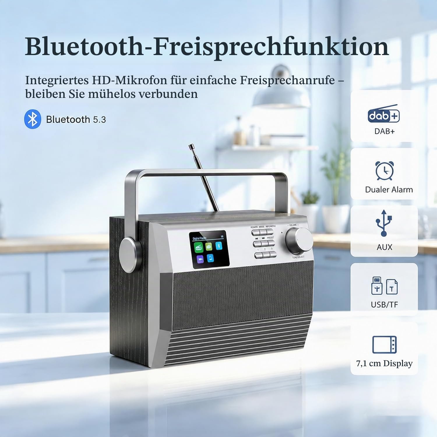 DAB+/UKW Radio mit Bluetooth & Freisprechfunktion, 6W RMS Stereo Küchenradio mit Farbdisplay, dualem Wecker, Sleep-Timer & AUX – Tragbarer Holz-Radiowecker, Multifunktionales DAB Plus Radio
