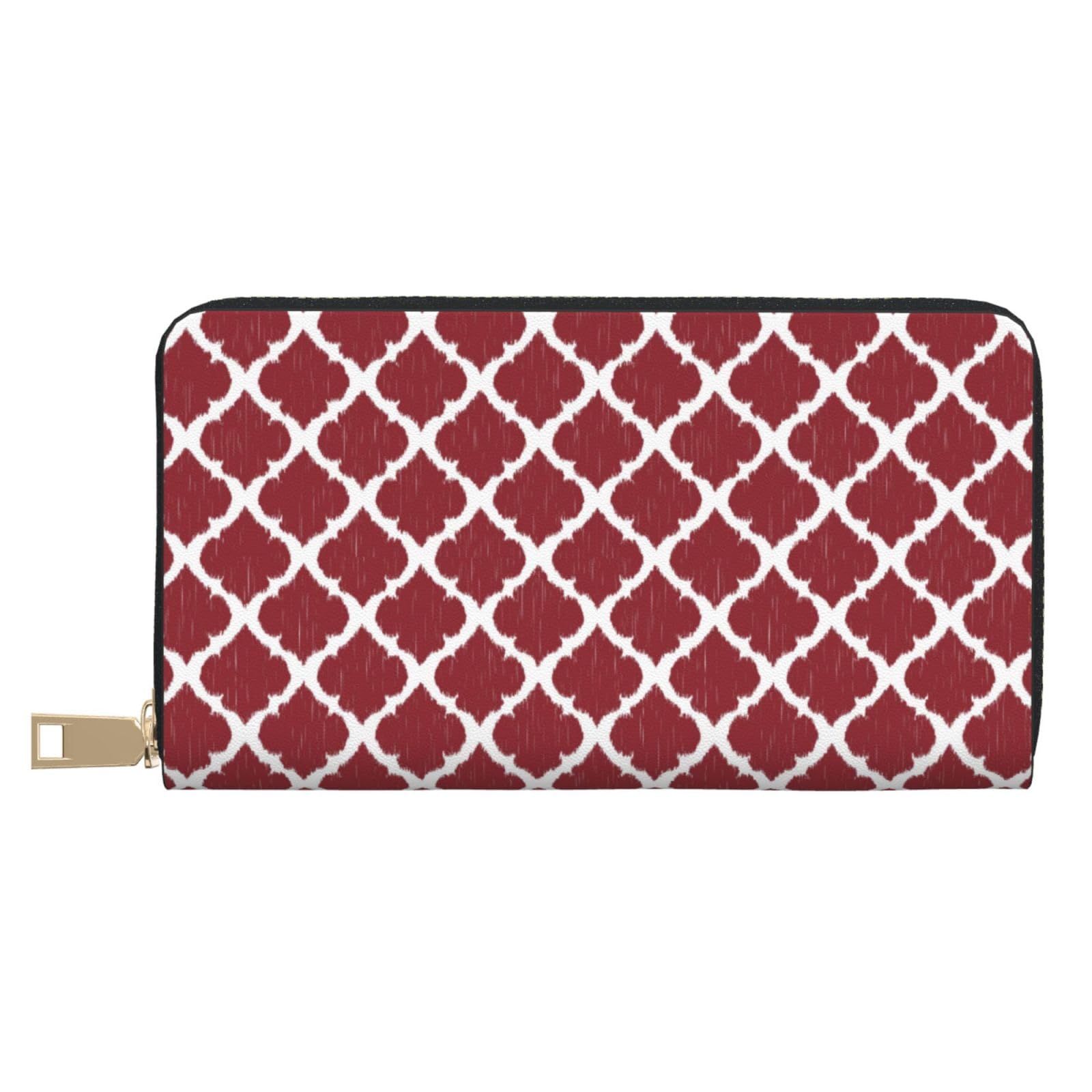 Leather Thin Slim Wallets for Women & Men - Red Moroccan Print Card Wallet Holder with Zipper