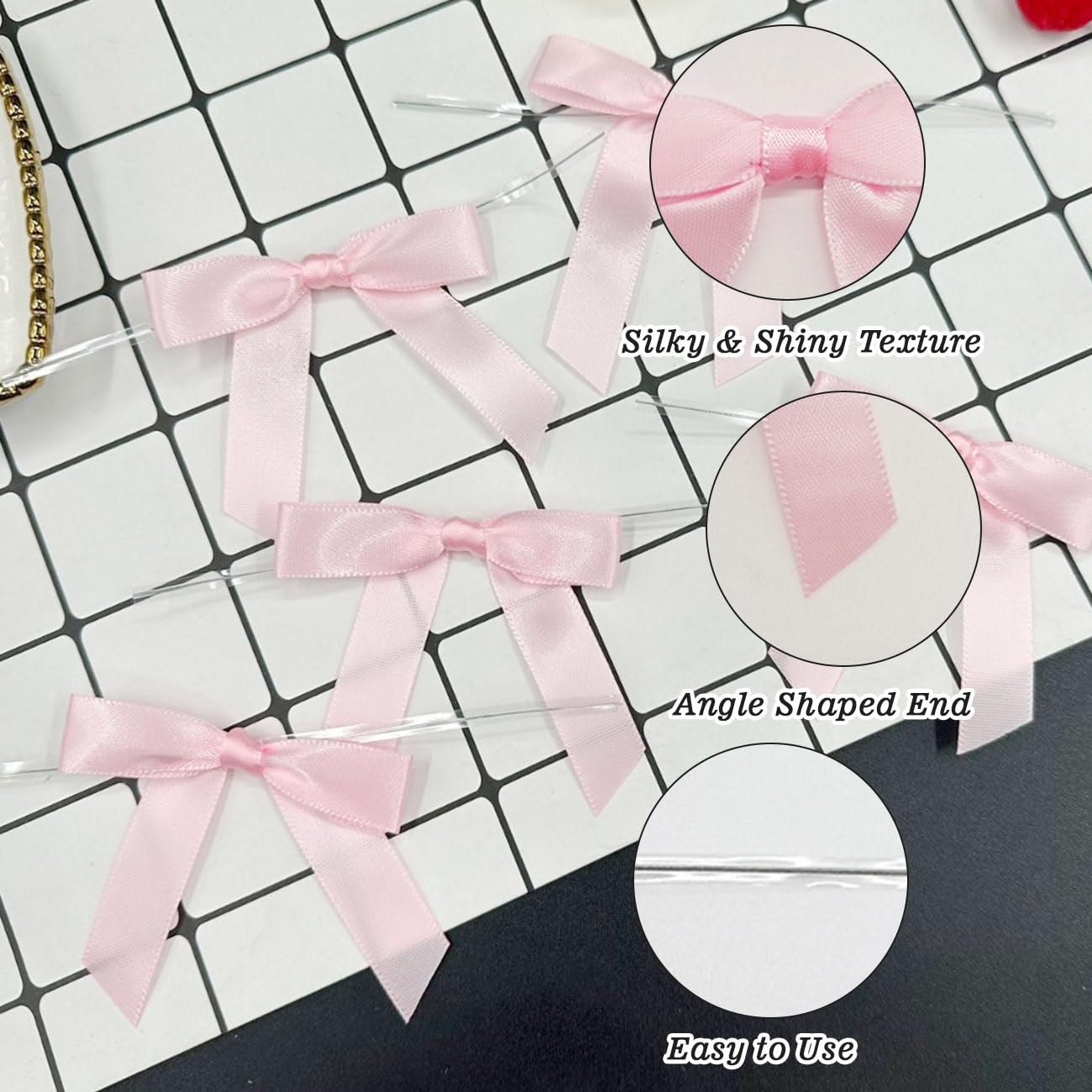Lazos pequeños de Satén Decorativos para Regalos, 50PCS, Cierre Transparente, Rosa