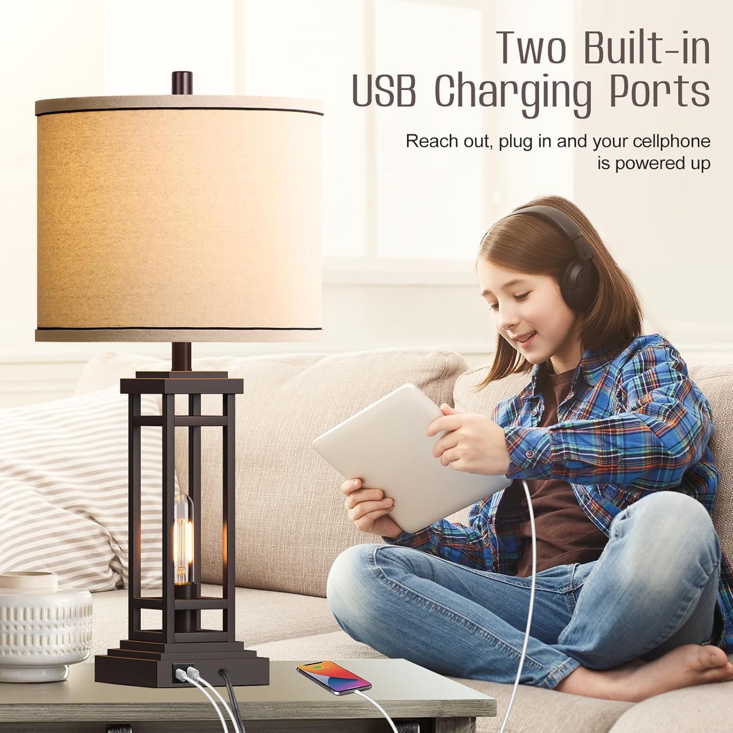 ROTTOGOON 27.5 Tall Farmhouse Table Lamp with USB C + USB A Charge Ports, Rustic Living Room Lamp, Black Industrial End Table Lamp for Bedroom Living Room Nightstand (Oil-Rubbed Bronze)