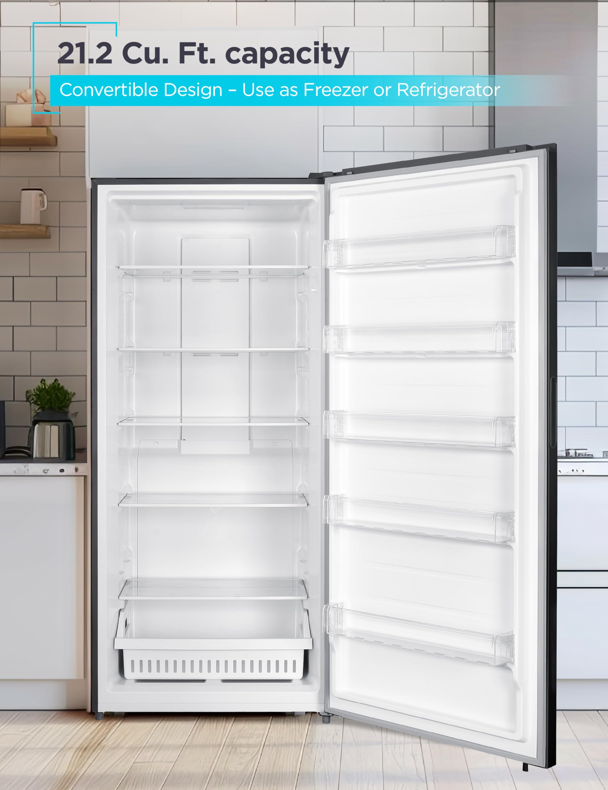 Black+Decker 21.2 Cu. Ft. Convertible Freezer Refrigerator, Upright Freezer With Glass Shelves, Reversible Door,Energy Star Rated, Frost Free, Buc2120mb, Black on Fridge.com - View 2