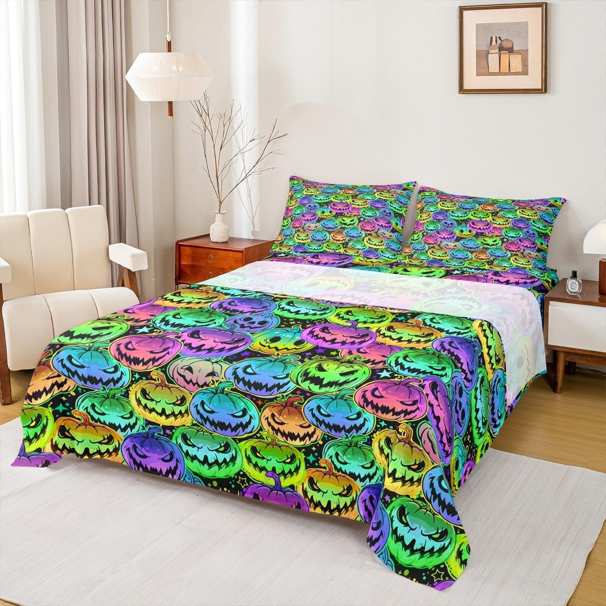 jejeloiu Pumpkin Lantern Sheet Set Queen Size Kids Halloween Sheets with Deep Pocket Fitted Sheet for Boys Girls Teens Pumpkin Theme Bed Sheets Set Breathable Trippy Bedding Set Room Decor Colorful