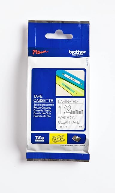 Brother Genuine P-Touch TZE-135 Tape, 1/2" (12 mm) Standard Laminated P-Touch Tape, White On Clear, Laminated for Indoor or Outdoor Use, Water-Resistant 26.2 ft (8 m), Single-Pack