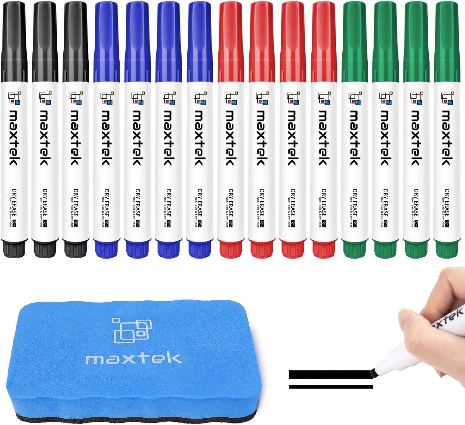 - maxtek Low Odor Dry Erase Markers Chisel Tip, Whiteboard Markers Set Assorted Colors 12 Count with 1 Magnetic Eraser
