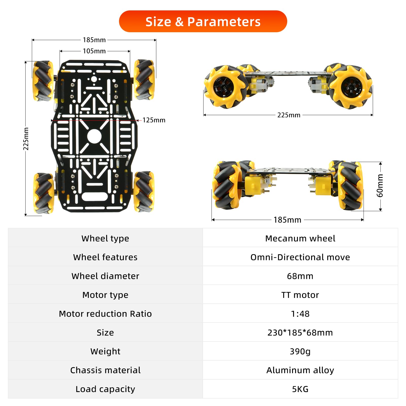 Mecanum Kit de châssis de voiture robot roue, plate-forme mobile omnidirectionnelle avec 4 moteurs TT et cadre en alliage d'aluminium pour Arduino Raspberry Pi projets STEM DIY