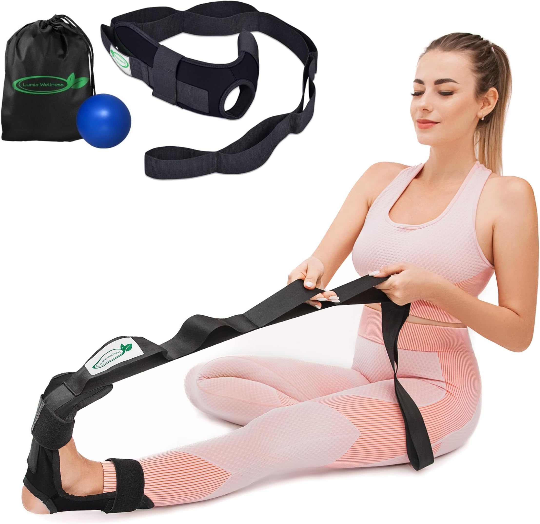 Fascia Stretcher & Calf Stretcher for Plantar Fasciitis with Massage Ball, Achilles Tendinitis, Foot Drop, Yoga Foot & Leg Stretching Strap (Black)