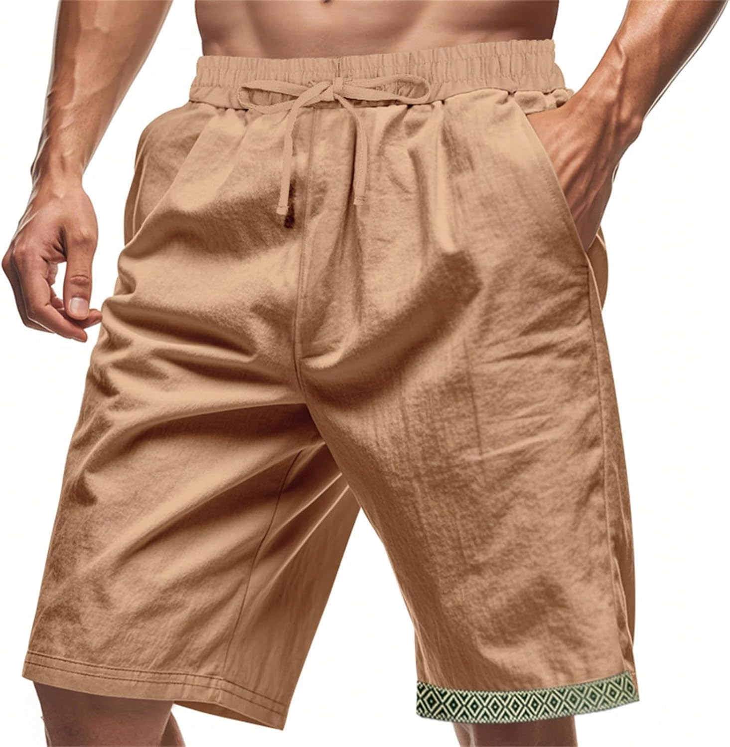 Chanpning 2025 Short Lin Et Bermuda Homme 3/4 Long D'Été Pantacourt Coton, Pour La Plage, Le Yoga, Le Jogging, Pantalon Taille Elastique Décontracté Couleur Unie