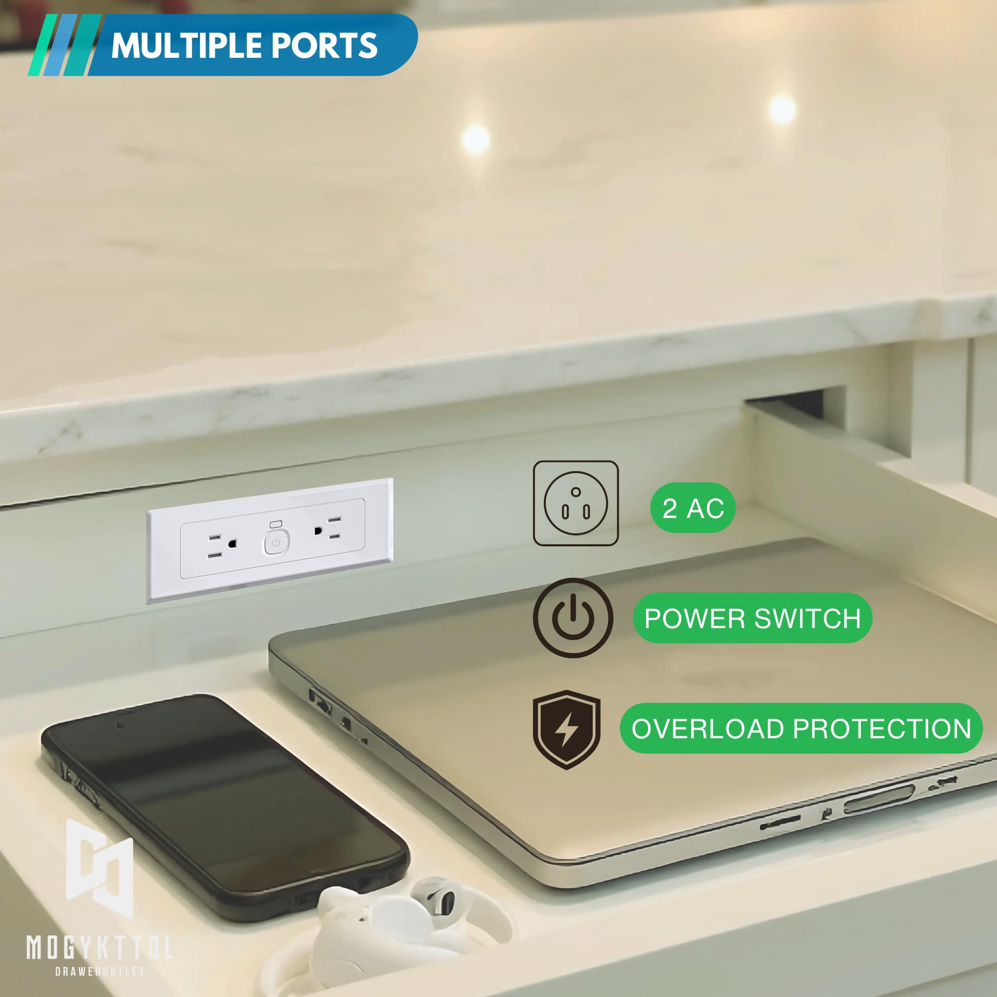 Kit de sortie de tiroir 2 AC avec bande de charge encastrée pour coiffeuse, bureau, table de chevet, câble d'alimentation 14 AWG pour cuisine, chambre à coucher, blanc