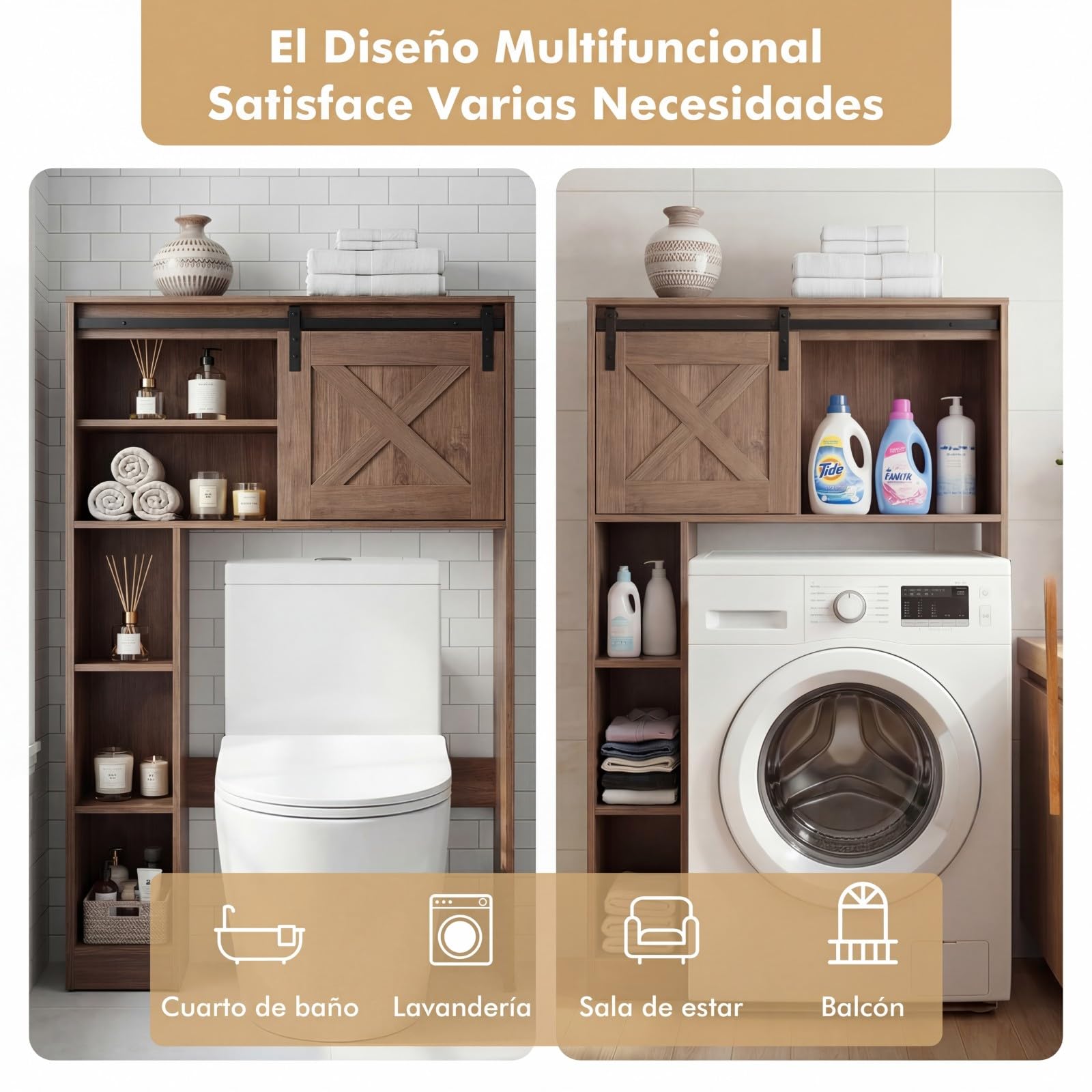COSTWAY Armario de Almacenamiento sobre el Inodoro WC, Estante de Baño con Puerta Corredera & Estantes de Almacenaje, Estantería Multifuncional para Baño, Lavandería, 84,5 x 17 x 128 cm (Café)