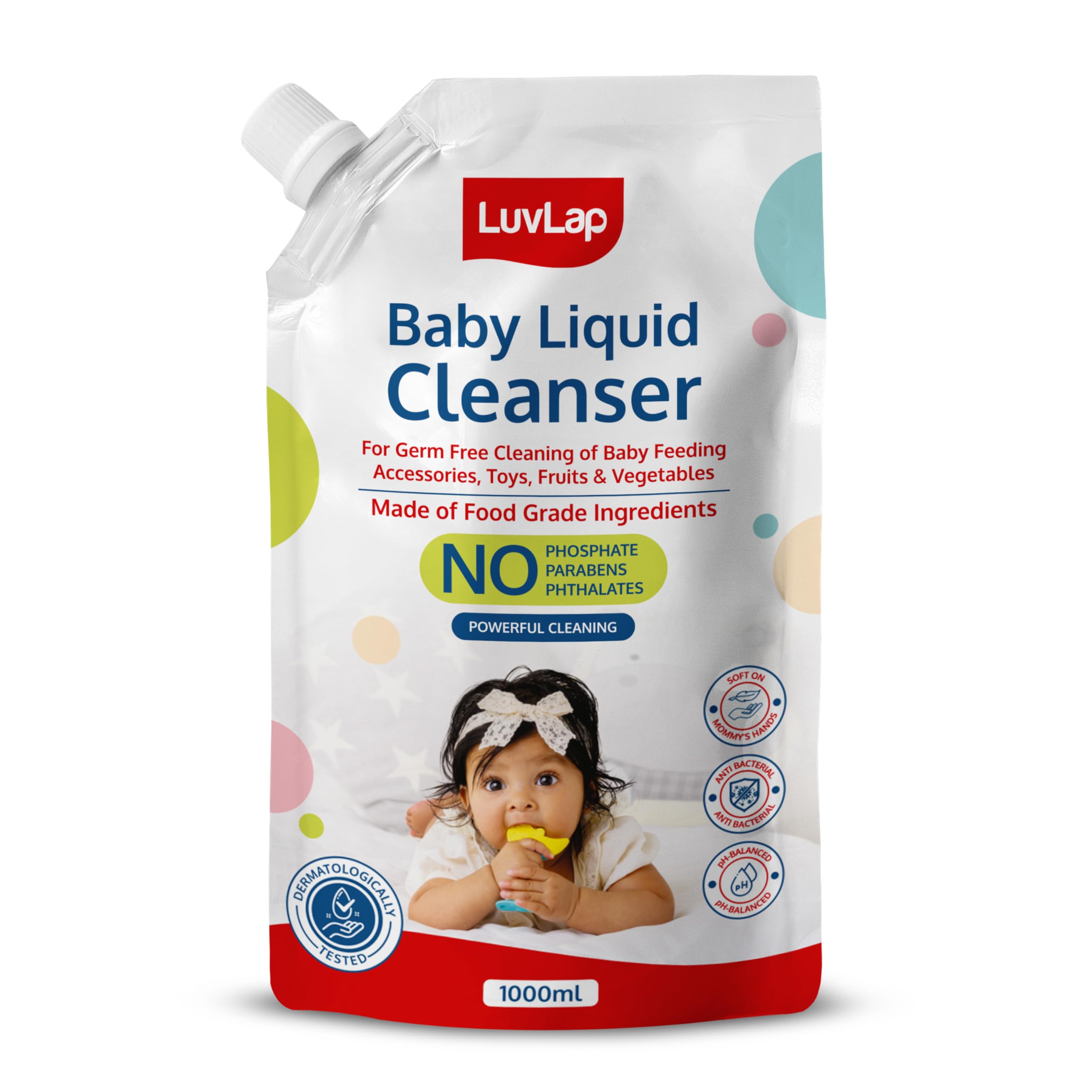LuvLap Baby Liquid Cleanser Refill pack- 1000ml, For cleaning feeding bottle, cutlery, toys, fruits & vegetables, Kills 99.9% Germs, pH Balanced Dermatologically tested formula, No harsh chemicals
