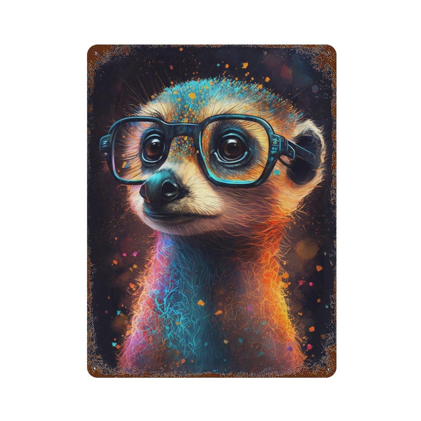 Rust Effect Colorful Meerkat with Glasses-3 Vintage Rust Metal Sign 15.7"x11.8", Old School Wall Decor for Cafe, Home Bar And Lounge Decor