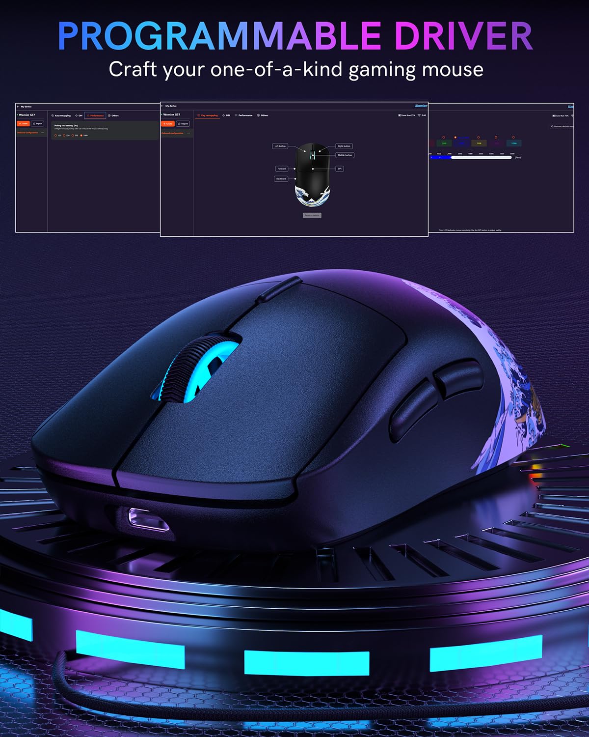 G57 Kabellose Gaming Maus, 8000 DPI 80g 2.4G/Bluetooth/USB-C Wiederaufladbare Kabellose Maus mit 5 Programmierbaren Tasten für PC/Mac, Schwarz