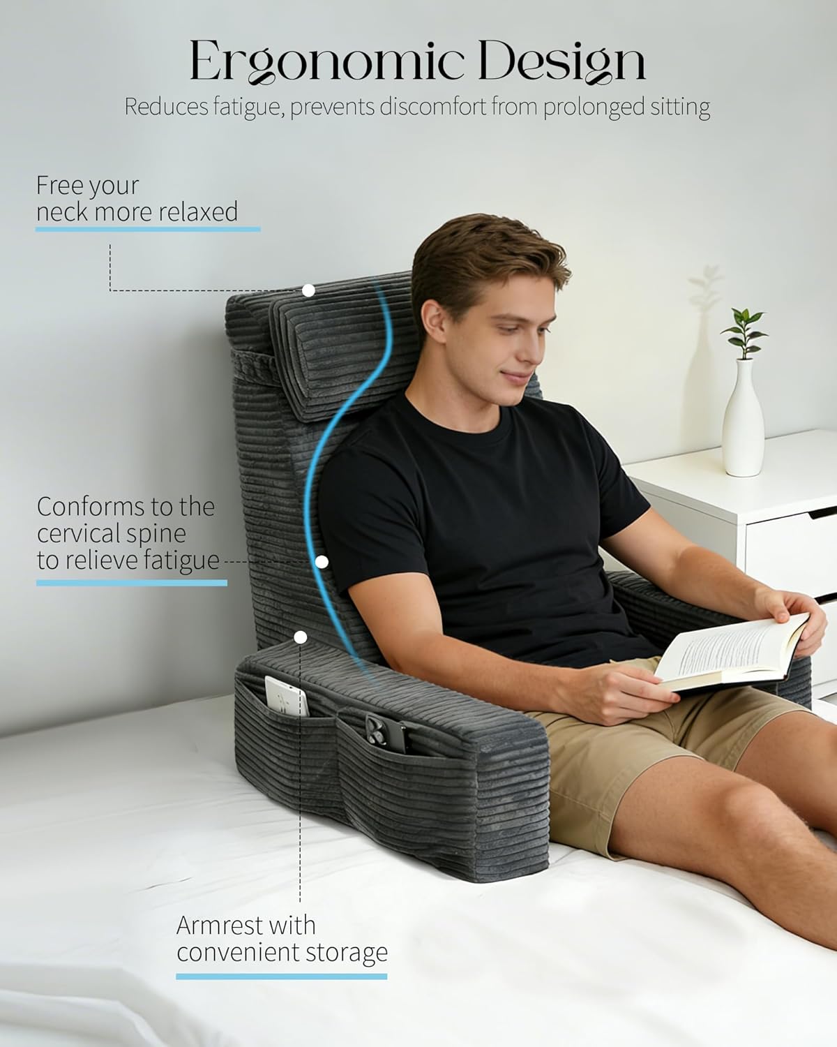 Seniny Reading Pillow for Bed Adult - 24" Back Support Pillow for Sitting Up Rest, Husband Bed Chair and Backrest Pillow with Arms, Lounge Sit Up Pillows for Dorm, Corner, Couch, Study, Watching TV