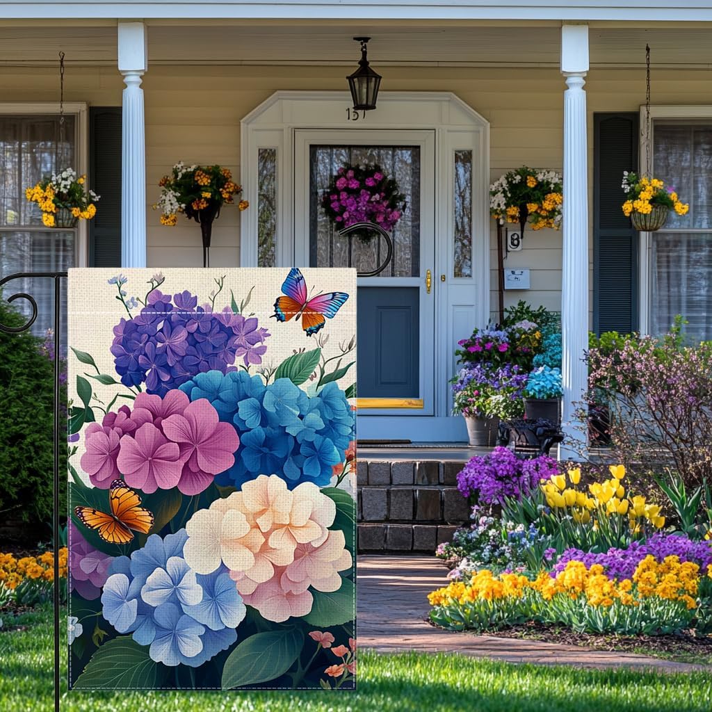 Spring Summer Hydrangea Flowers Garden Flag 12x18 Inch Double Sided Butterfly Colorful Floral Yard Outdoor Flag House Holiday Outside Decoration - Image 3