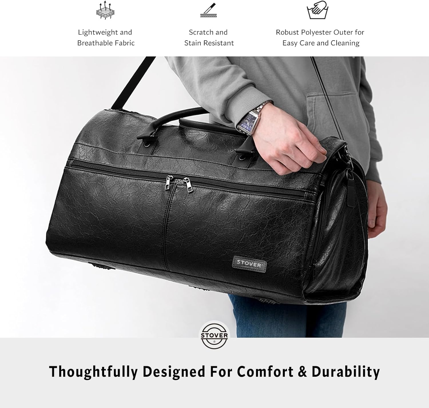 STOVER Garment Travel Duffle Bag, Large 2-in-1 Convertible Carry-on Luggage for Men & Women- Hanging Suits, Dresses & Clothes + Shoe Compartment- Weekender Tote Combo Duffel (Black Leatherette) - Image 7