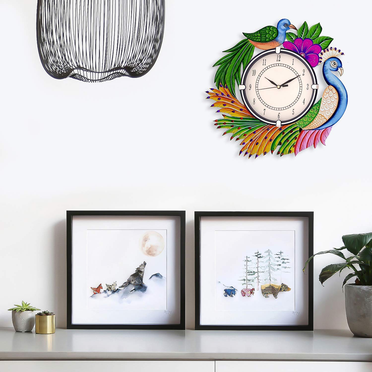 CAPIO ART Wooden Handicraft Peacock Theme Wall Clock | Round Quartz Analog Decorative Mounted Clock for Home & Office | Stylish Antique Design Wall Art for Gifting | 13 Inch (Multicolor_2) - Image 3 thumbnail