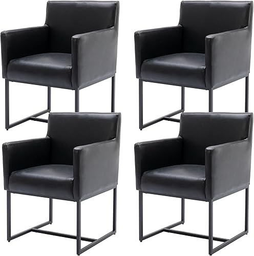 Juego de 4 sillas de comedor tapizadas con reposabrazos, de piel sintética, sillas de cocina y comedor, color negro Marco negro Pu-negro,Marco