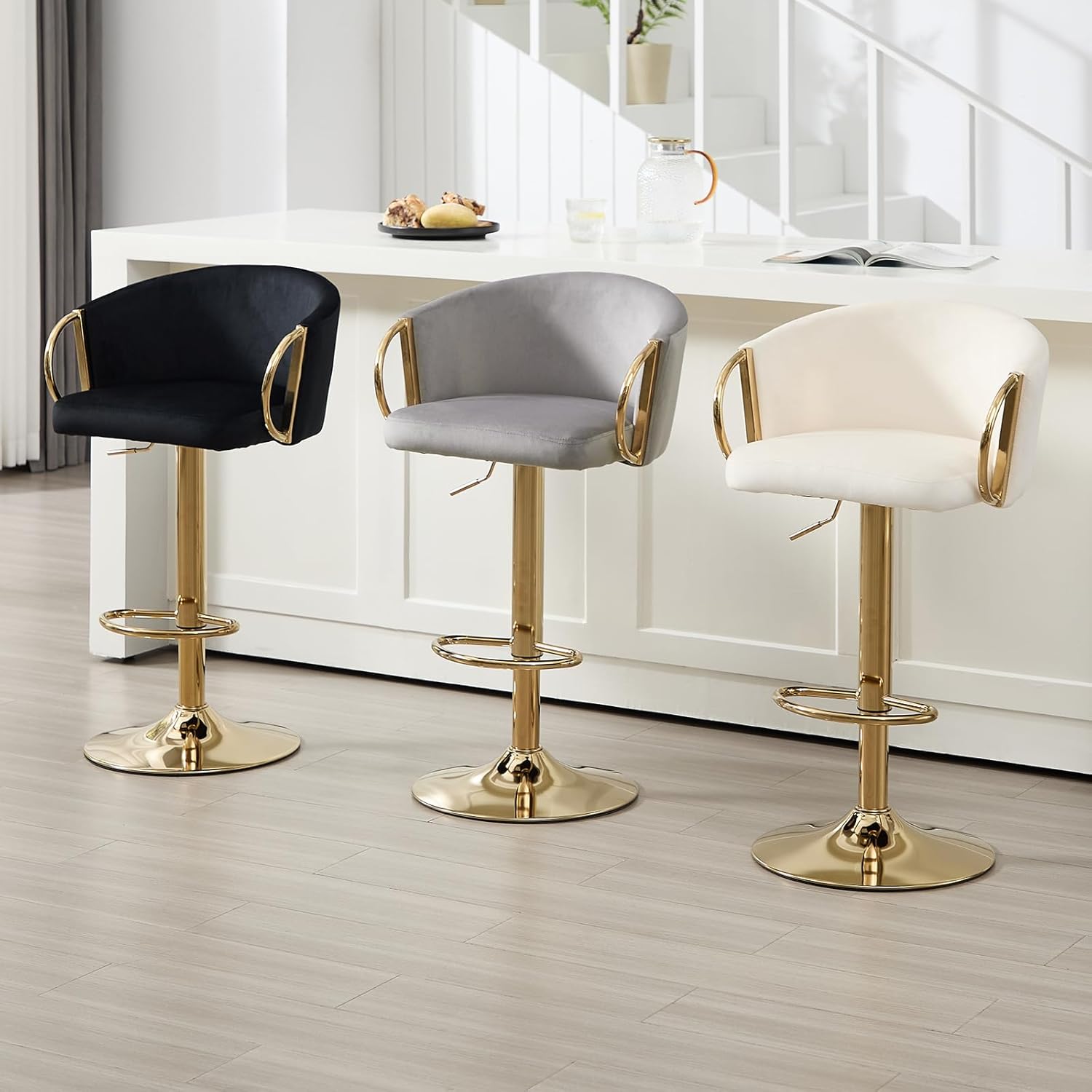 Gold Velvet Bar Stools Set of 2, Counter Height Bar Stools Velvet Low Back Chair with Golden Armrest Golden Big Base for Kitchen Island Home Bar, Grey