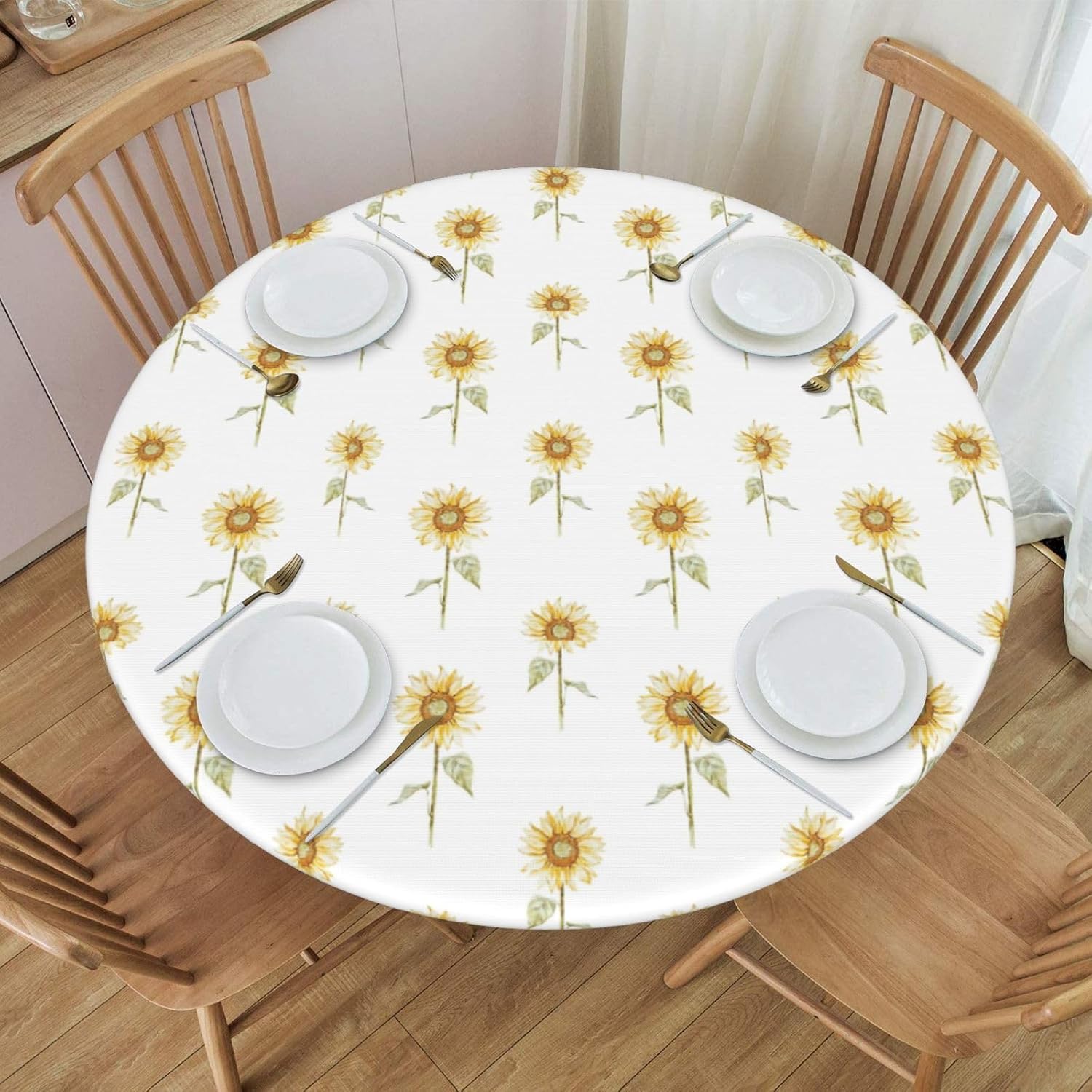 Blossoming sunflowe Print Outdoor Patio Kitchen Decor Supplies Wipeable Round Table Cloth for Indoor Outdoor