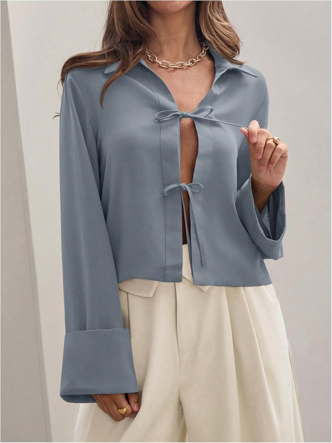 SOLY HUX Women's Bow Tie Front Blouse Long Sleeve Collared Casual Work Shirts Tops - Image 3