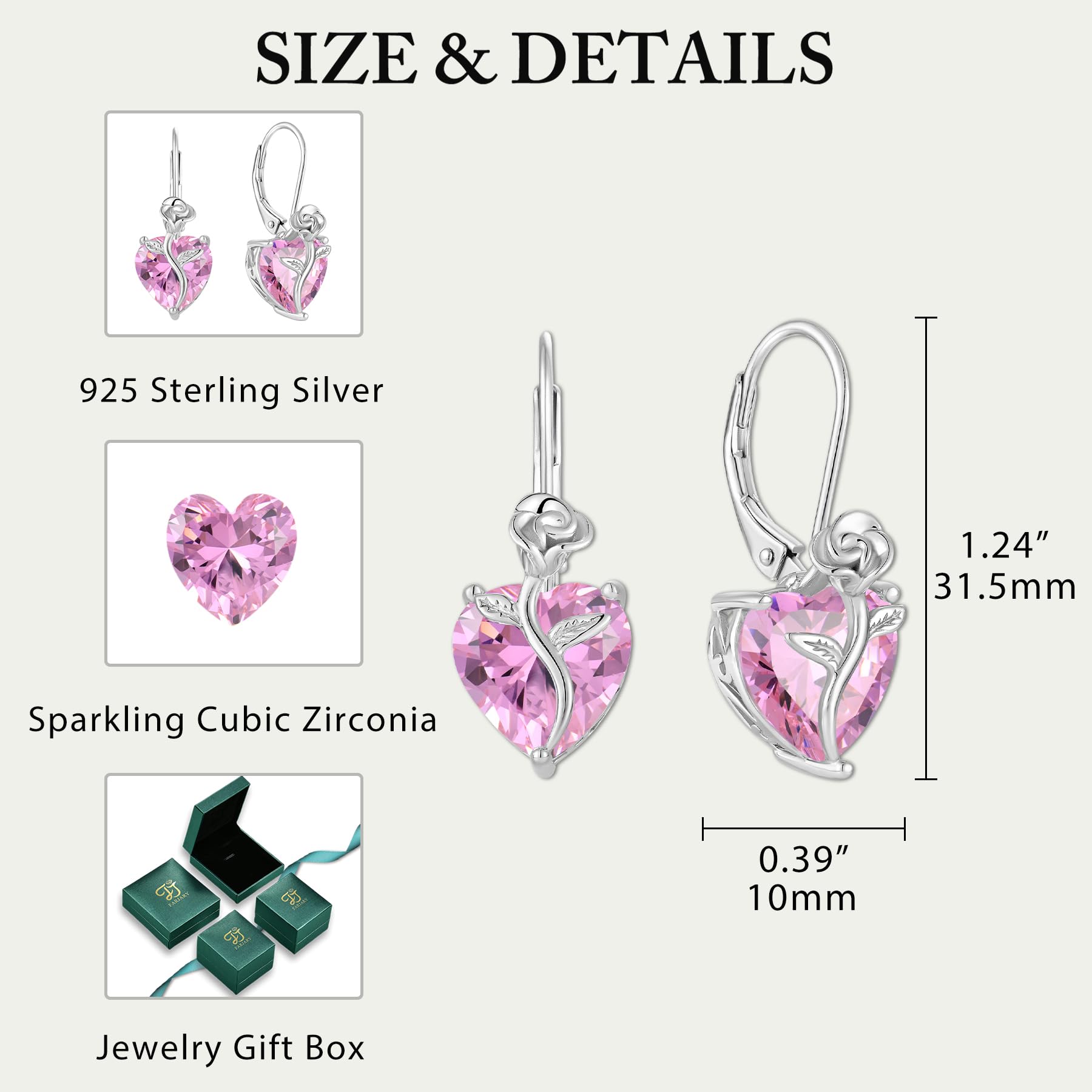 FJ Pendientes Corazón Colgantes Mujer Plata de Ley 925 Pendientes Piedra de Nacimiento Pendientes de Palanca Flor Rosa Joyas para Mujer Mamá Esposa Novia