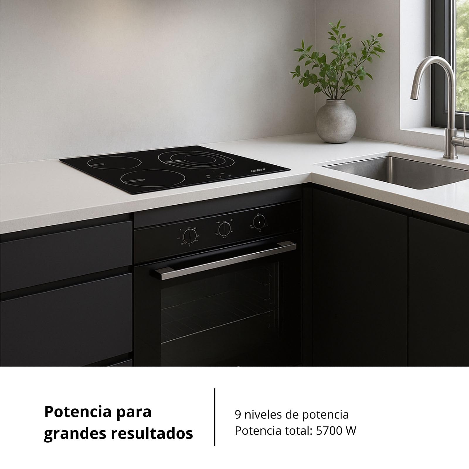Corberó - Placa Vitrocerámica | CCVG3BL574 | 60 cm | 5700 W | 3 Zonas | Control Touch, Desconexión Automática, Bloqueo Infantil | Negro