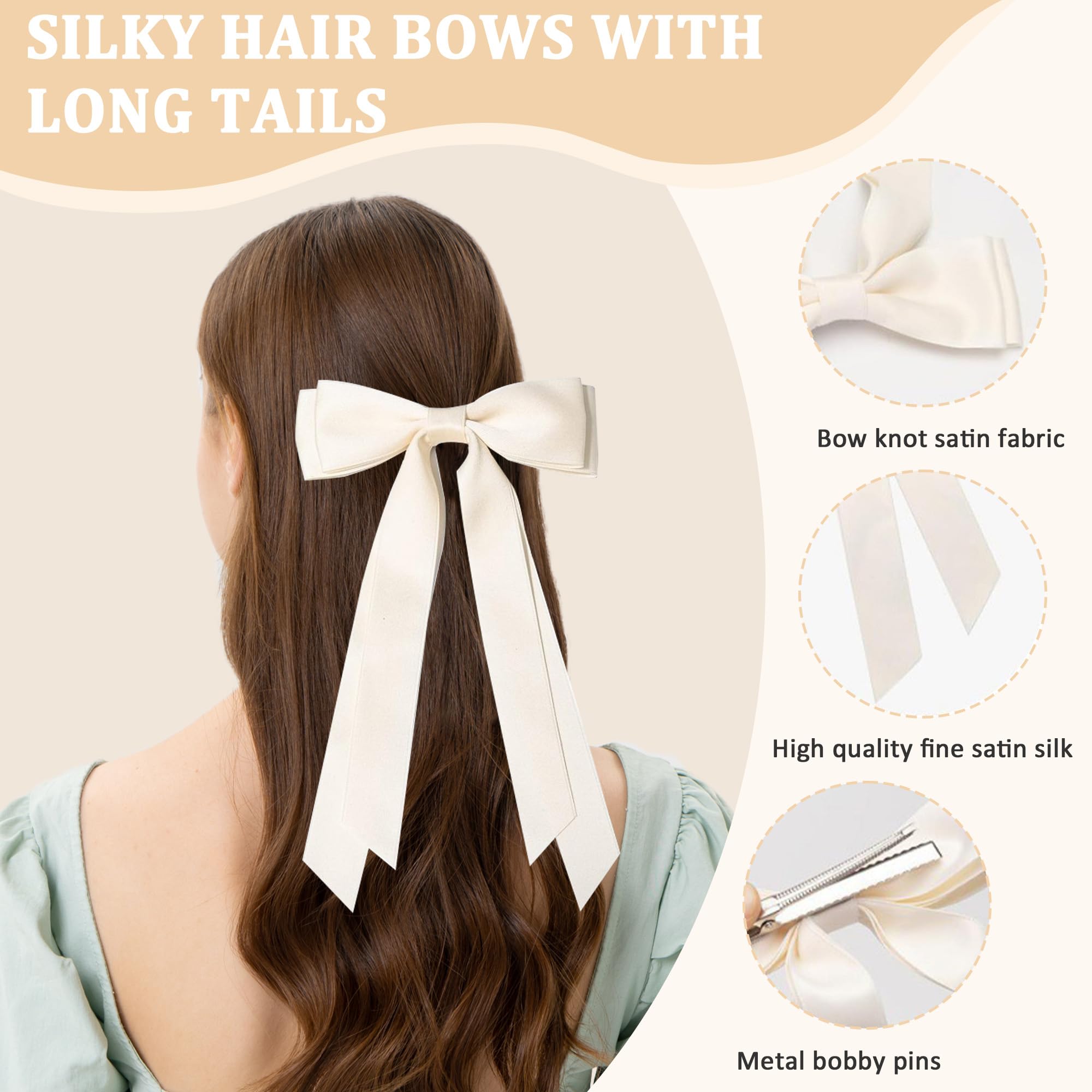 4PCS Elegant Hair Bows for Women & Girls - Black Hair Ribbons with Satin Finish, Adjustable Clips (Beige/White/Pink/Black) - Image 3