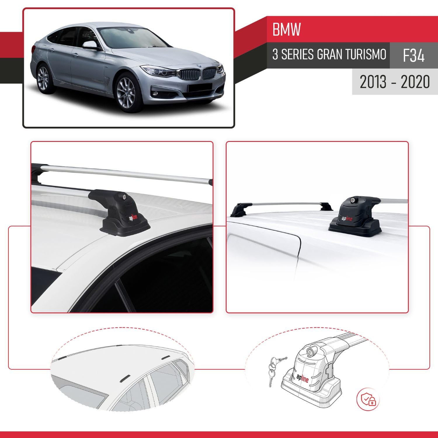Compatible con BMW Serie 3 Gran Turismo (F34) 2013-2020 Modelo Ace-3 Barra de Techo Auto Portaequipajes Barras Transversales Gris Aluminio 2 Barras