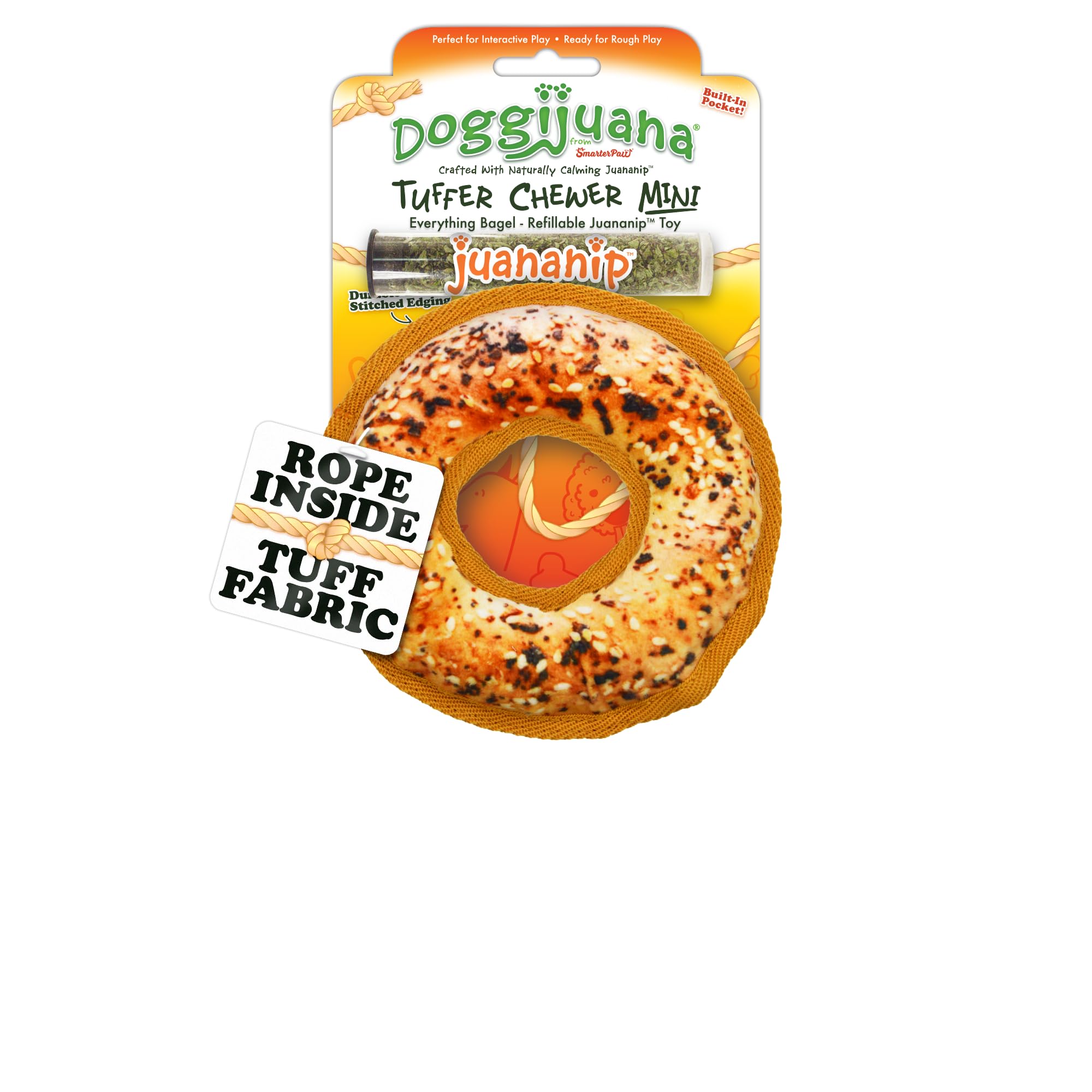 Doggijuana Mini Tuffer Chewer Dog Toy, Bagel | Squeaky Refillable Plush Toy
