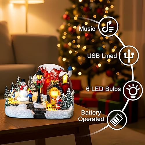 Miniatura 2 de Colección animada de figuras musicales de muñeco de nieve de Navidad, casas de pueblo de Papá Noel, colección de figuras iluminadas para decoración
