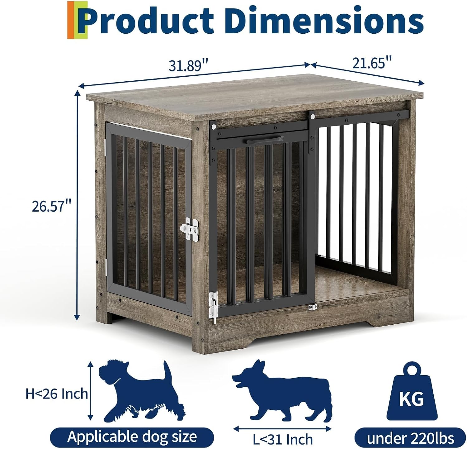 dog crate furniture, 32 inch wooden dog kennel with sliding barn doors, heavy-duty indoor pet kennel and end table for dogs, double door dog cage, chew-resistant and escape-resistant gray-black