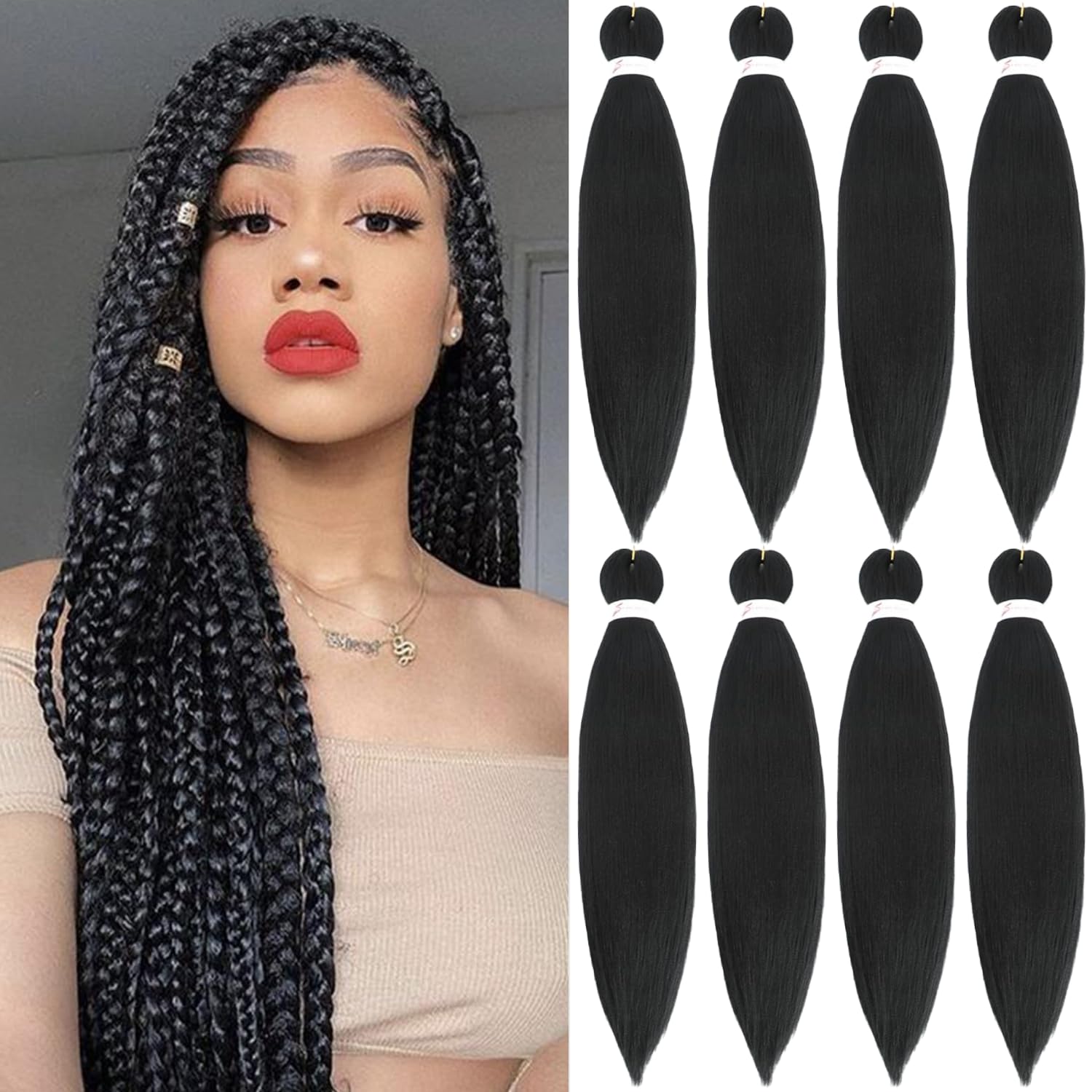 Braiding Hair Pre Stretched 30 Inch 8 Packs Long Braiding Hair Extension Pre Stretched Braiding Hair Professional Synthetic Hair For Braiding Crochet Twist Braids Soft Yaki Texture(30", 1B-8P)