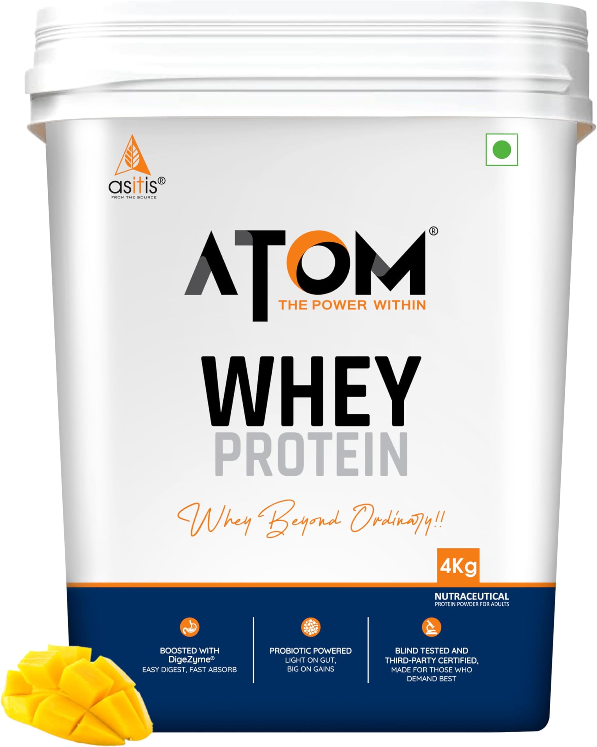 Asitis Nutrition Atom Whey Protein 4Kilogram | 27G Protein | Isolate & Concentrate | Mango Fusion | Usa Labdoor Certified | With Digestive Enzymes For Better Absorption, 111 Servings