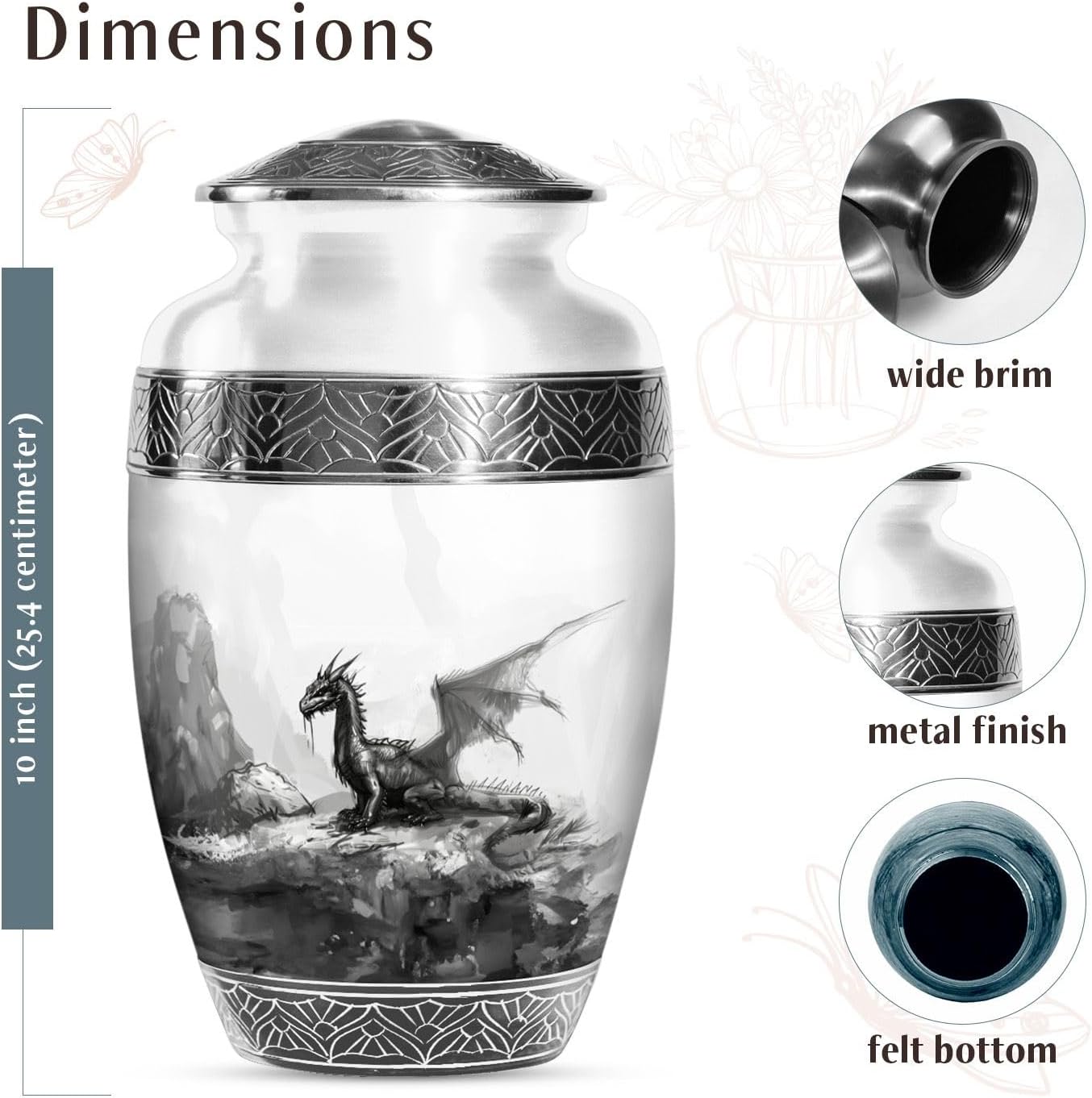Dragon Urn Large 10 Inch Decorative Jar for Human Ashes, Unique Memorial Vessel for Women or Men, Elegant Cremation Funeral Keepsake
