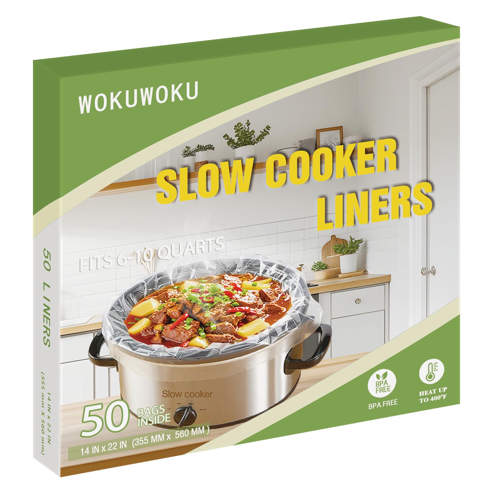 WOKUWOKU Slow Cooker Liners, 50 Cooking Bags Extra Large Disposable Pot Liner Plastic Bags for 6QT to 10QT Slow Cooker Cooking Pans, 14“ x 22”, 50 Liners