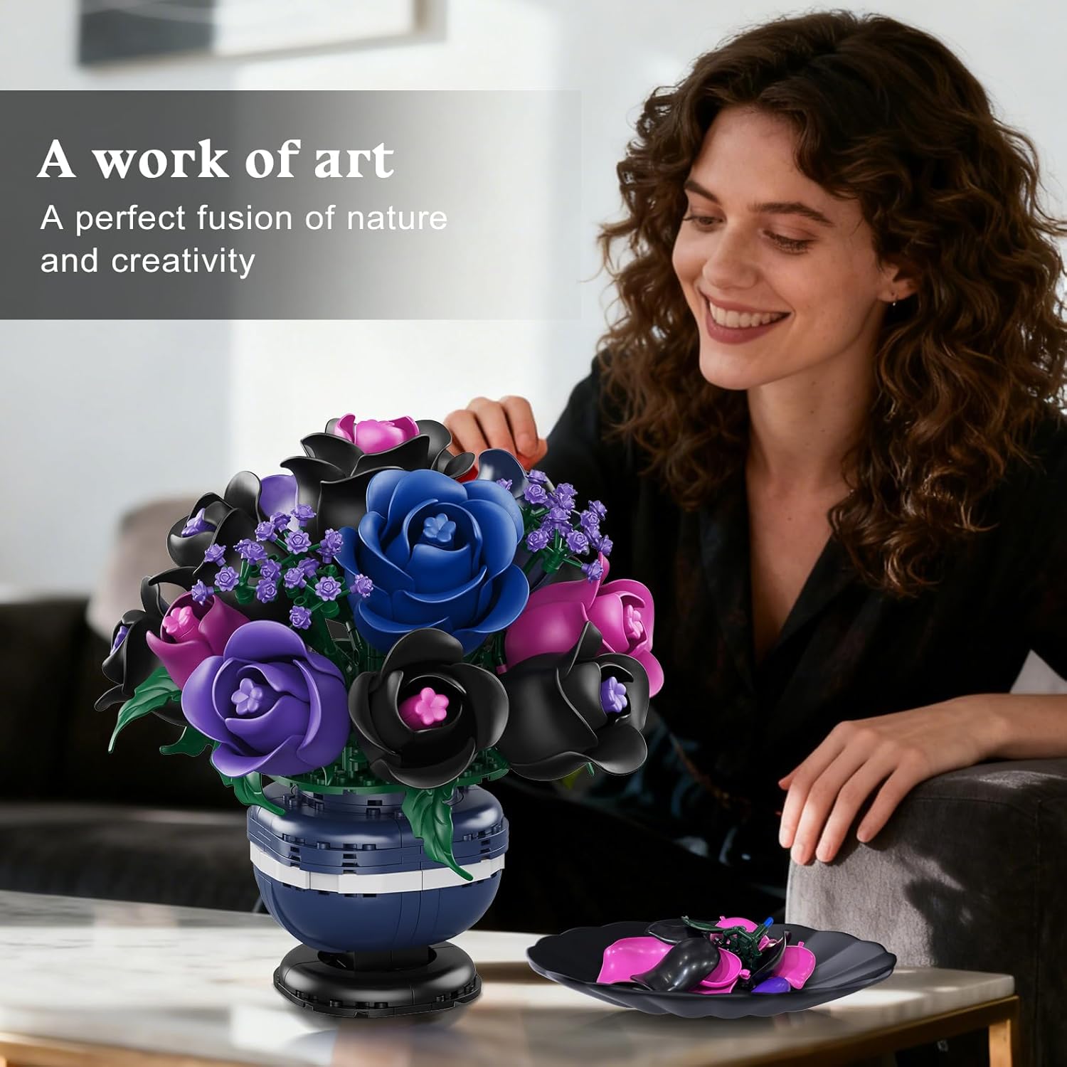 Flowers Botanicals Building Set - Artificial Purple Black Rose Bonsai Plant for Home Decor, 507PCS Artificial Flowers Building Set Indoor Gothic Decoration, Valentine Birthday Gifts for Adults - Image 8