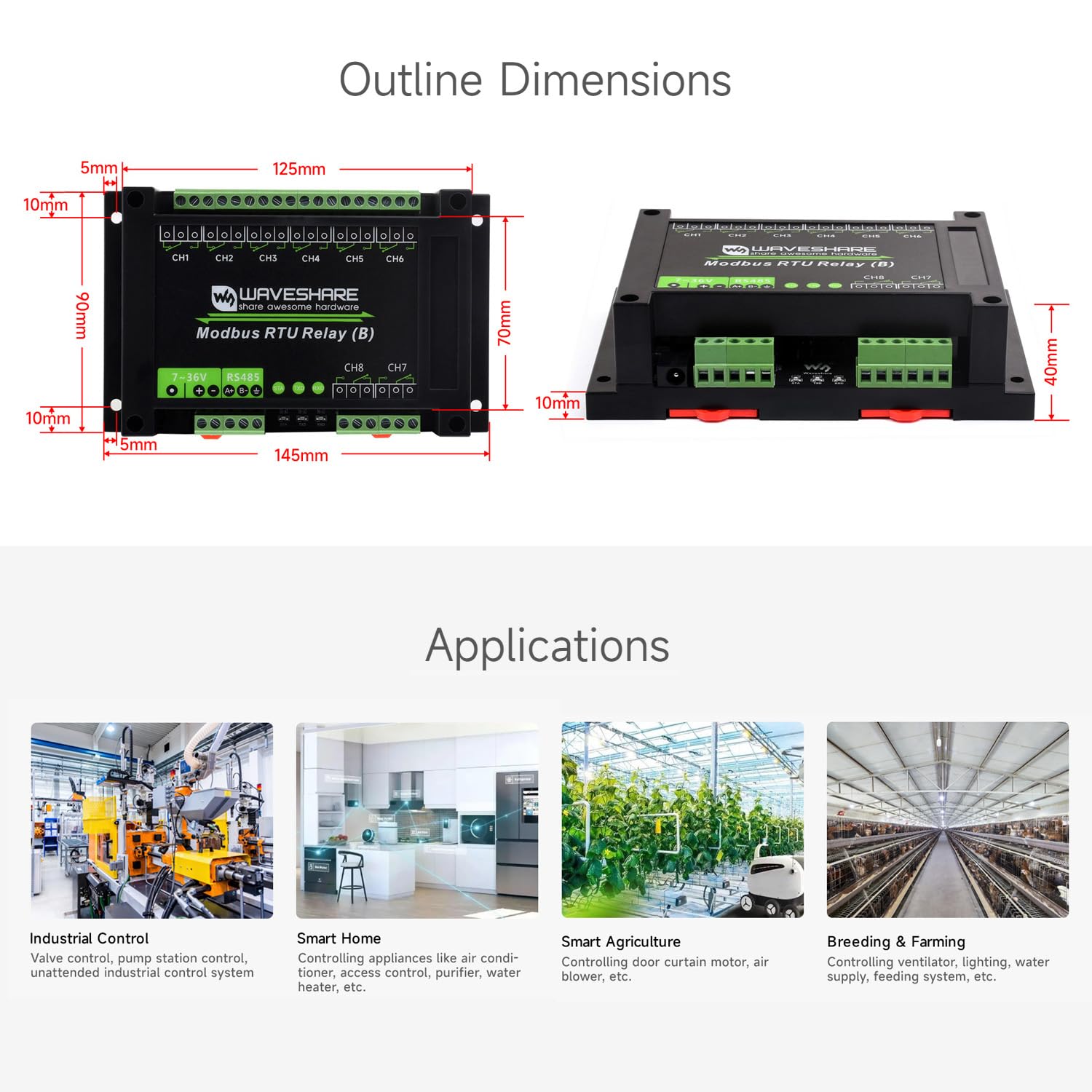 Waveshare Industrial Modbus RTU 8-Ch Relay Module RS485 Interface Multi Isolation Protection 7~36V