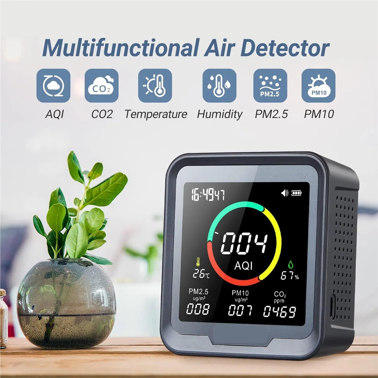 Monitor de calidad del aire Monitor de calidad del aire que detecta CO2, PM2.5, PM10, temperatura y humedad.