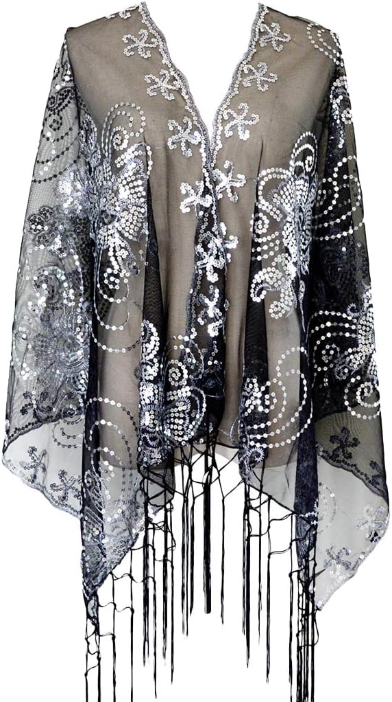 L'VOW Women's Glittering 1920s Scarf Mesh Sequin Wedding Cape Fringed Evening Shawl Wrap