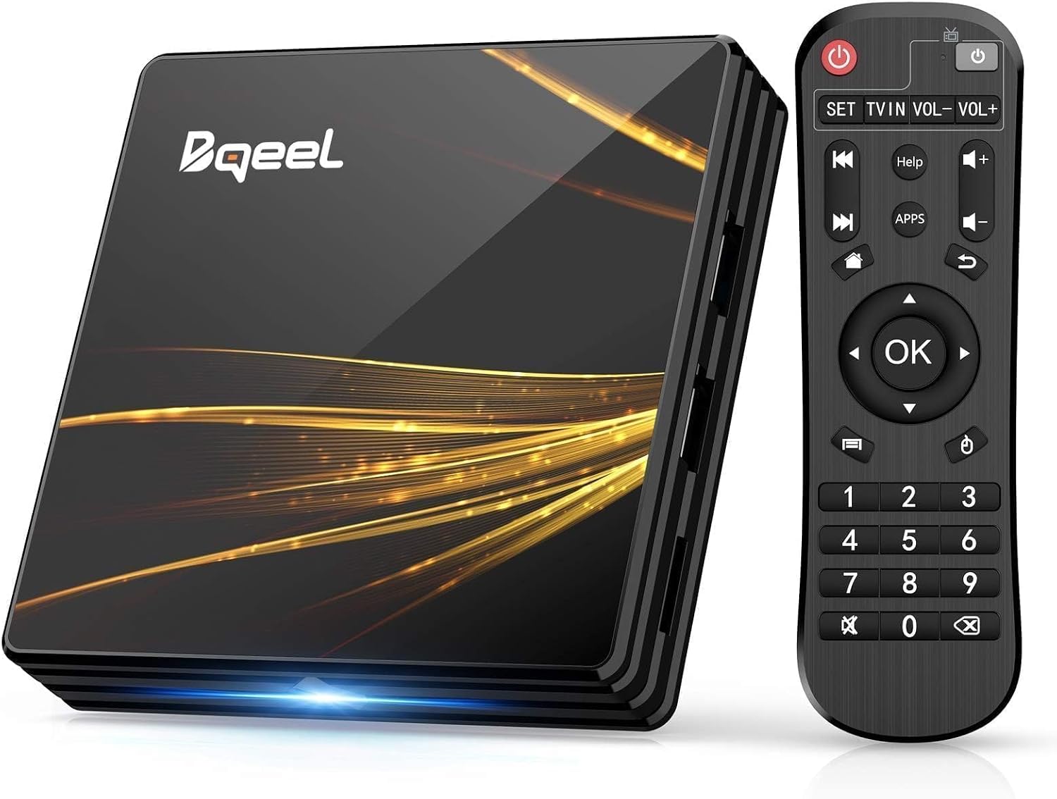 Bqeel R2 Plus Android TV Box and its remote control.