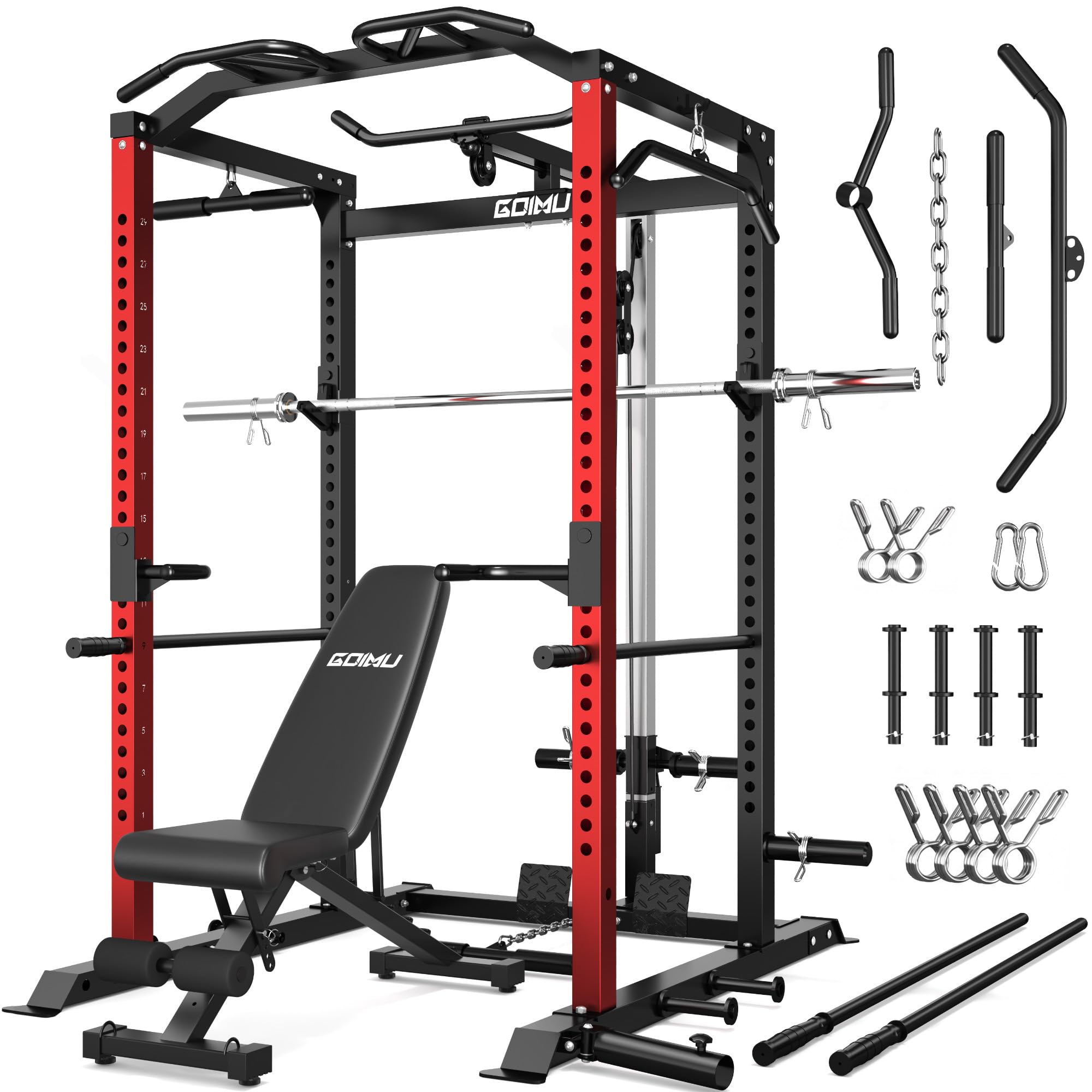 C1-V4 Power Cage, 2000LBS Squat Rack with LAT Pulldown, Multi-Function Weight Cage Strength Training Machine, Workout Cage with More Attachments for Home Gym Garage